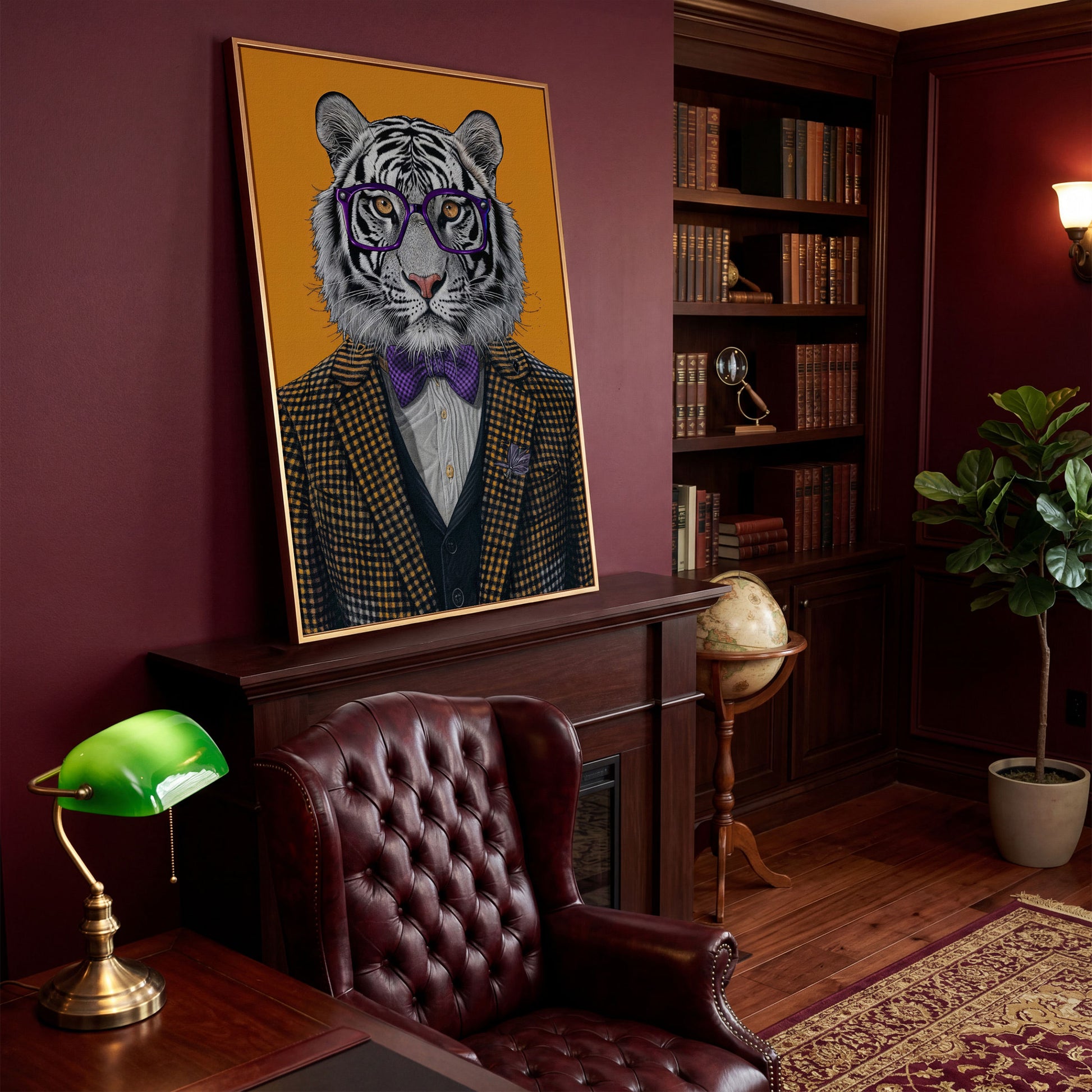 Tiger in Suit Canvas Print, Burnt Orange Portrait in antique gold floating frame