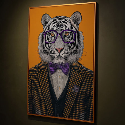 Tiger in Suit Canvas Print, Burnt Orange Portrait shown in antique gold floating frame