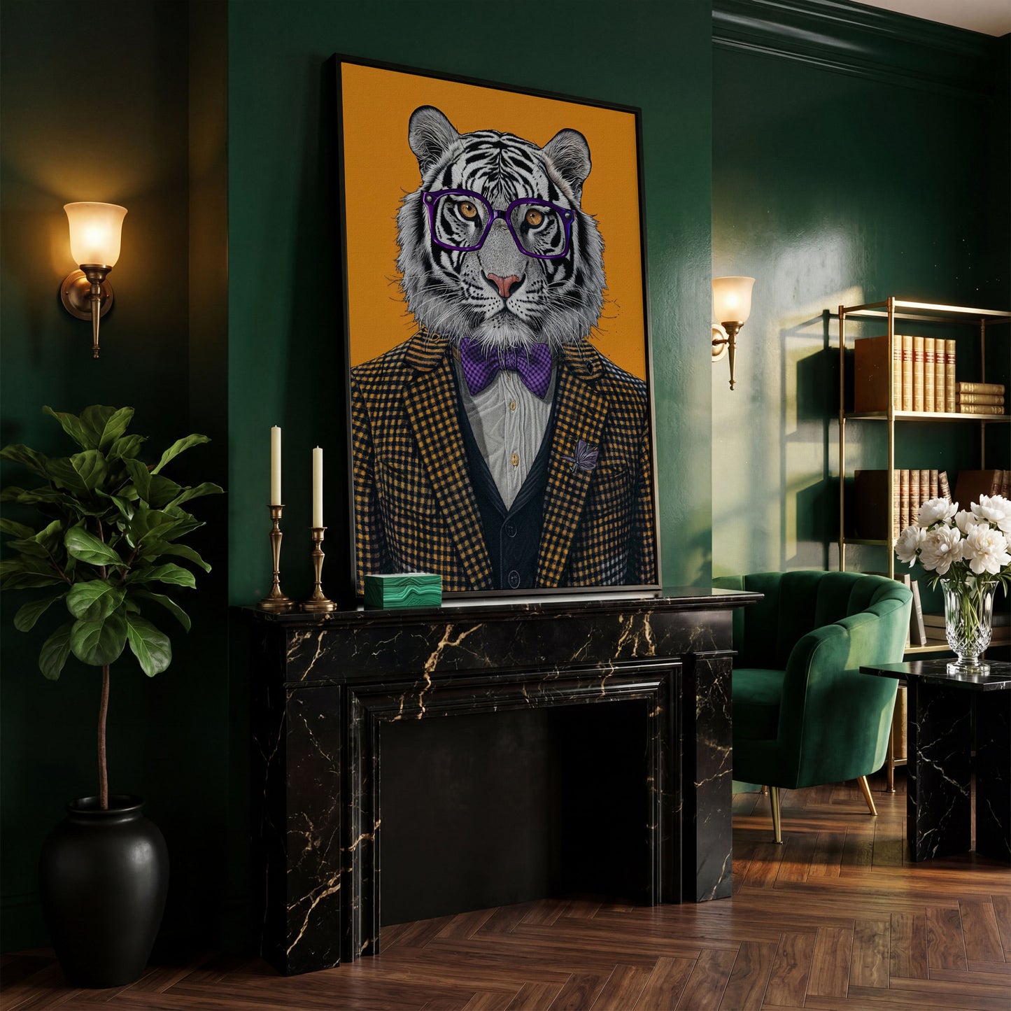 Tiger in Suit Canvas Print, Burnt Orange Portrait in black floating frame