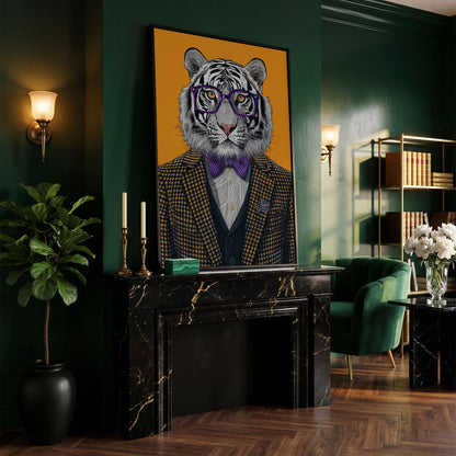 Tiger in Suit Canvas Print, Burnt Orange Portrait in black floating frame
