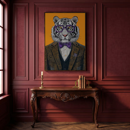 Tiger in Suit Canvas Print, Burnt Orange Portrait in dark walnut floating frame