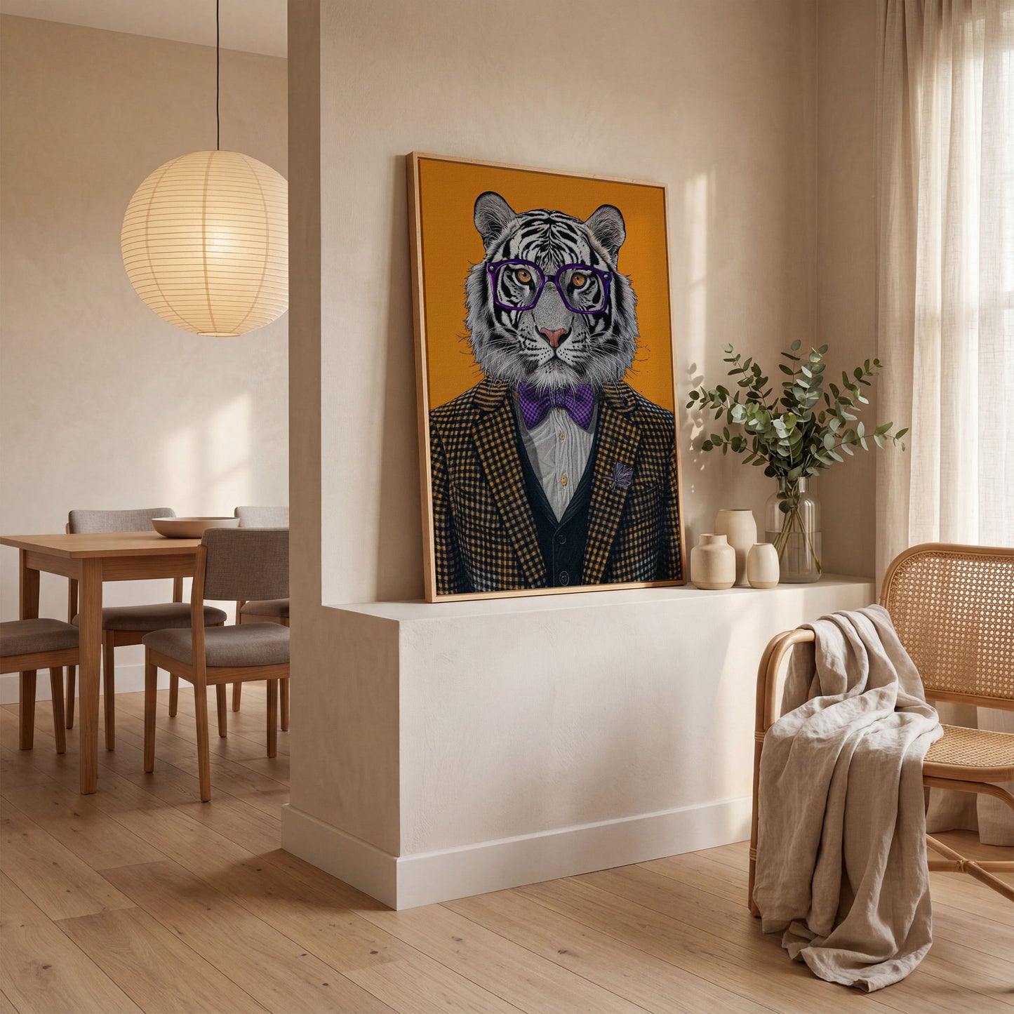 Tiger in Suit Canvas Print, Burnt Orange Portrait in white oak floating frame