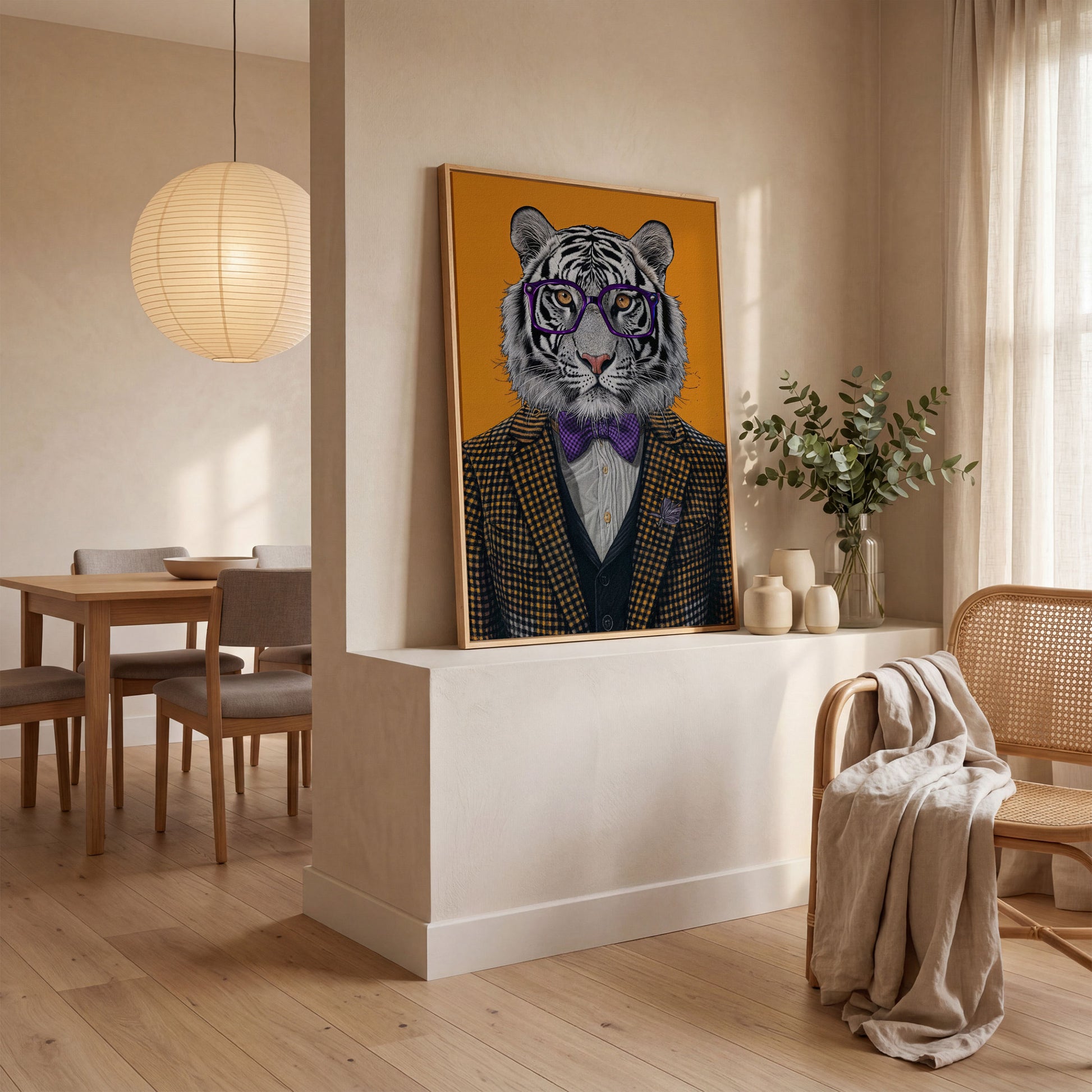 Tiger in Suit Canvas Print, Burnt Orange Portrait in white oak floating frame