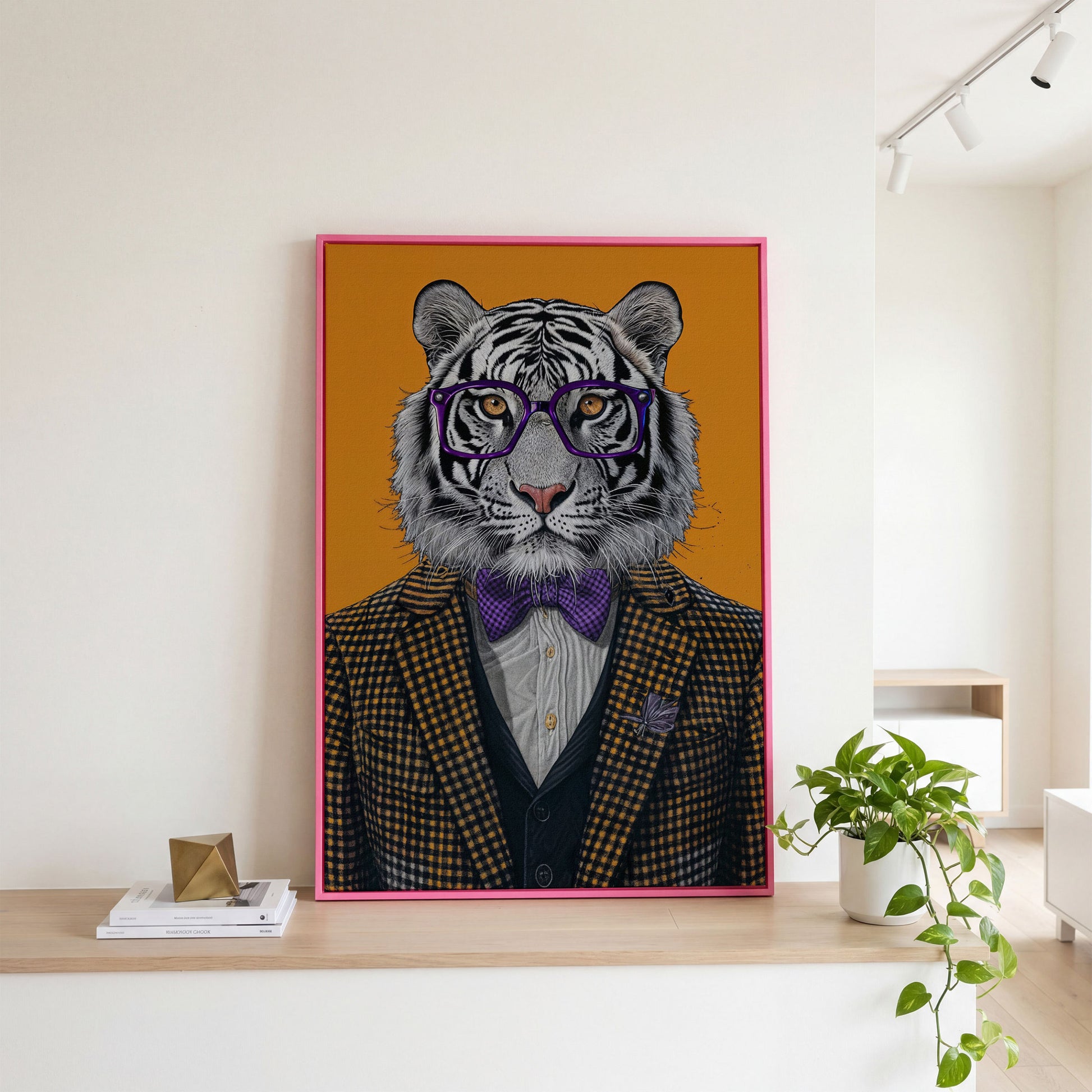 Tiger in Suit Canvas Print, Burnt Orange Portrait in pink floating frame