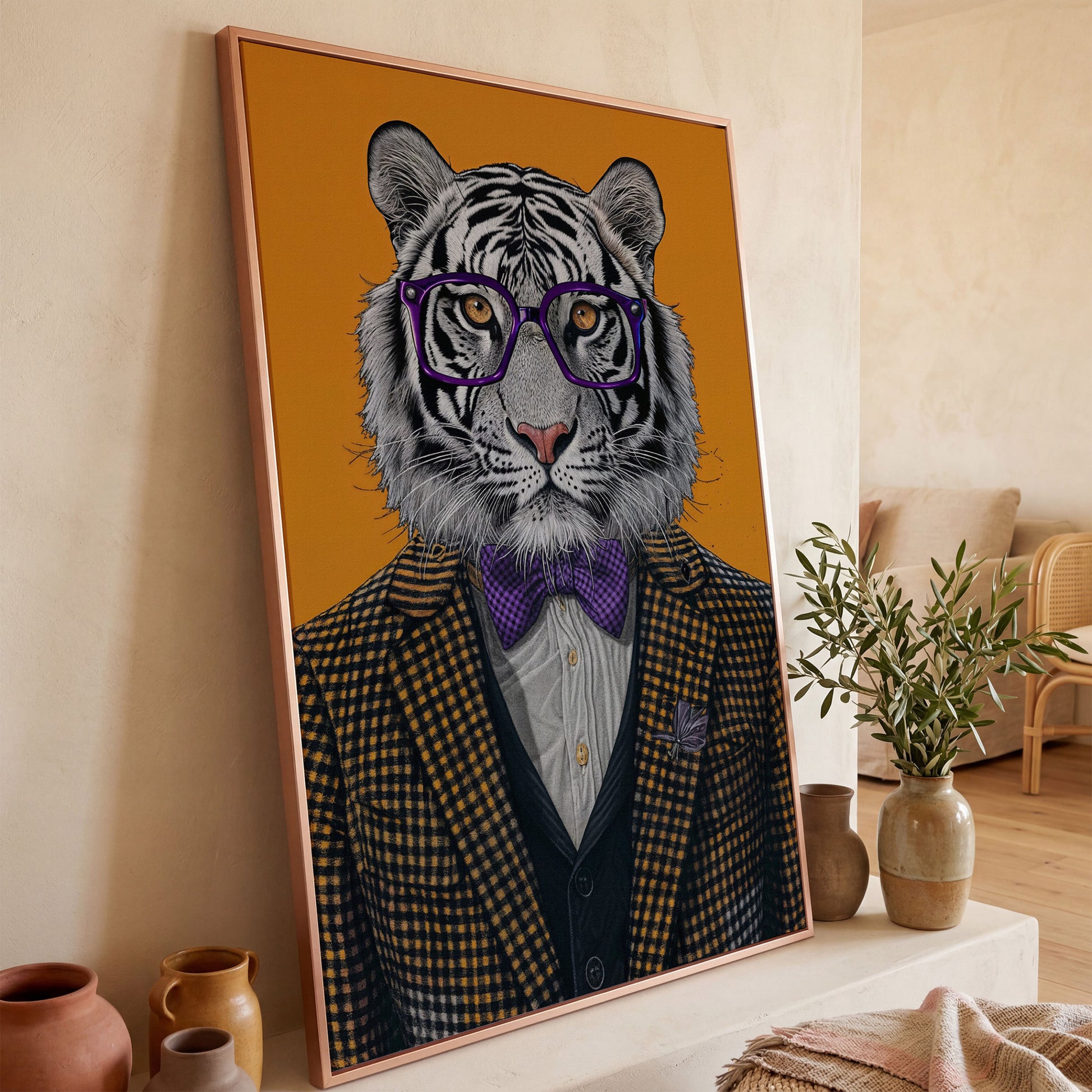 Tiger in Suit Canvas Print, Burnt Orange Portrait in rose gold floating frame