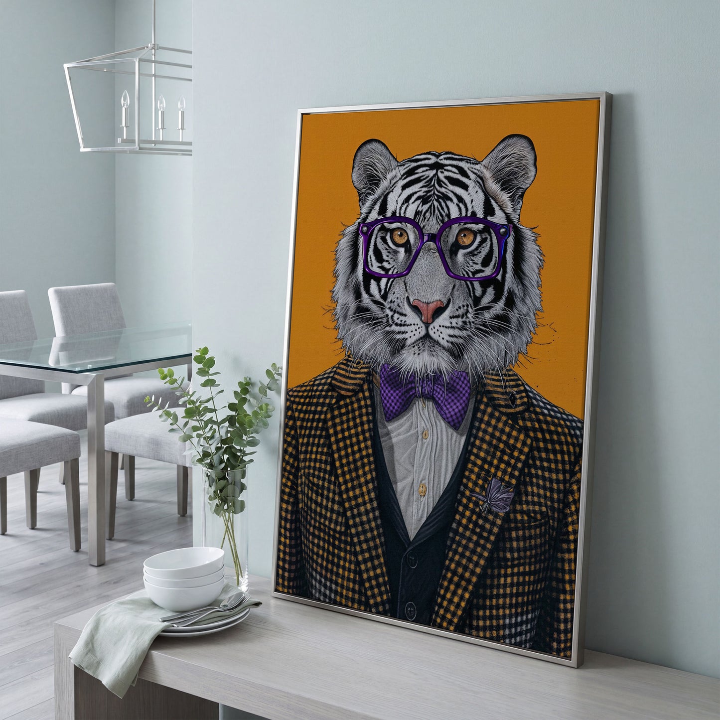 Tiger in Suit Canvas Print, Burnt Orange Portrait in silver floating frame