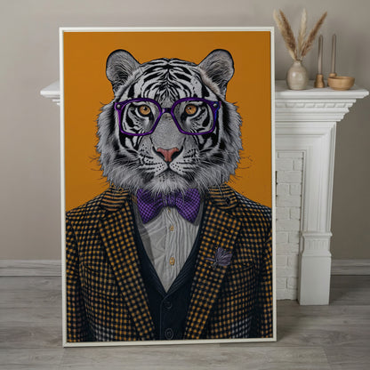 Tiger in Suit Canvas Print, Burnt Orange Portrait in white floating frame