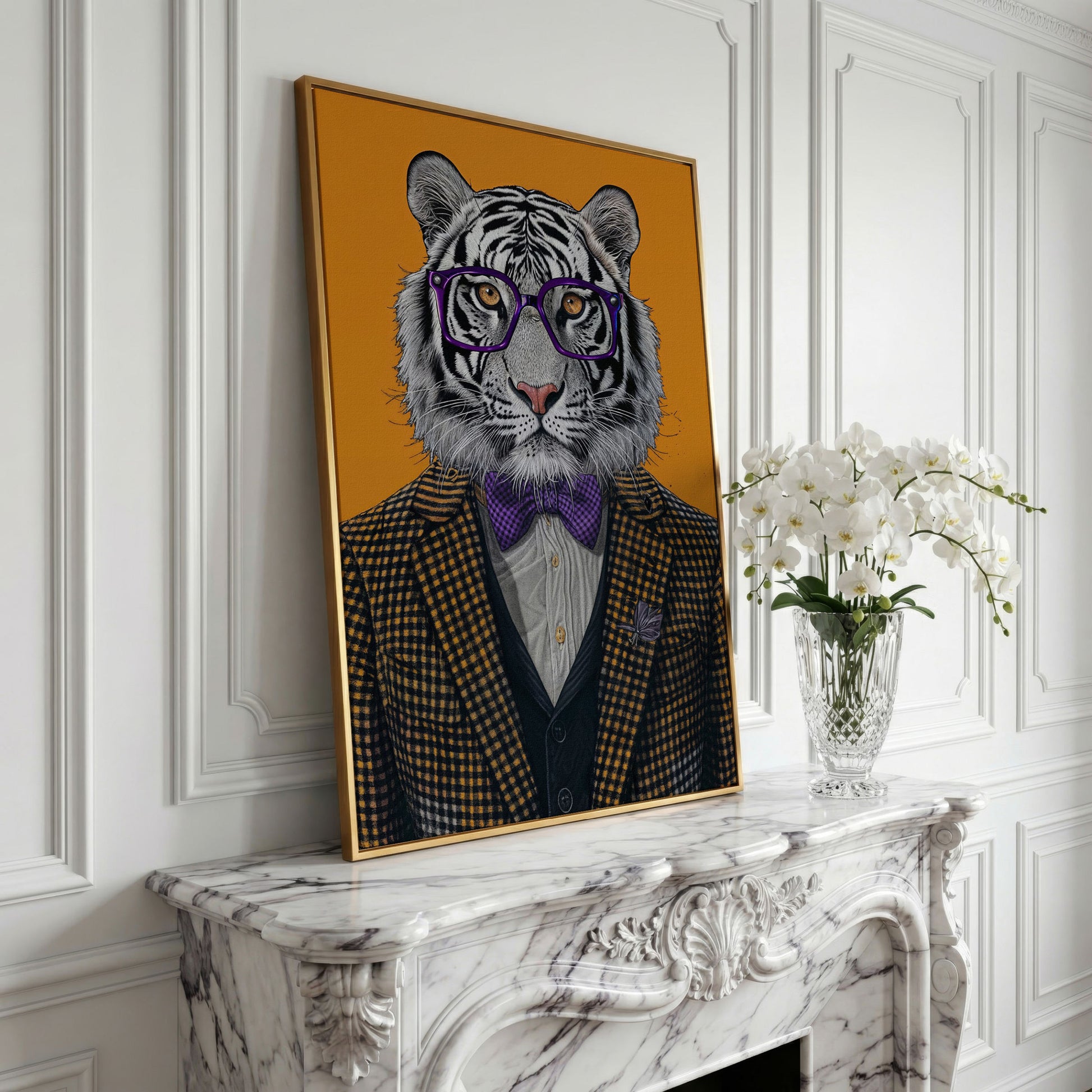 Tiger in Suit Canvas Print, Burnt Orange Portrait in yellow gold floating frame