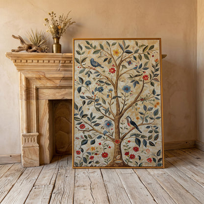 Floral Tree and Bird Canvas Print with Boho Flair in antique gold floating frame