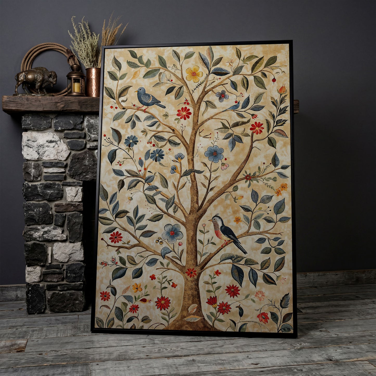 Floral Tree and Bird Canvas Print with Boho Flair in black floating frame