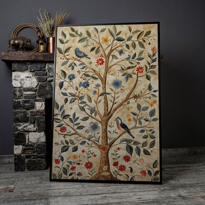 Floral Tree and Bird Canvas Print with Boho Flair in black floating frame