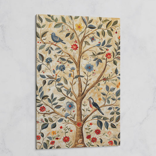 Floral Tree and Bird Canvas Print with Boho Flair on gallery wrap