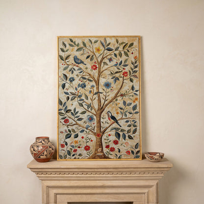 Floral Tree and Bird Canvas Print with Boho Flair in white oak floating frame