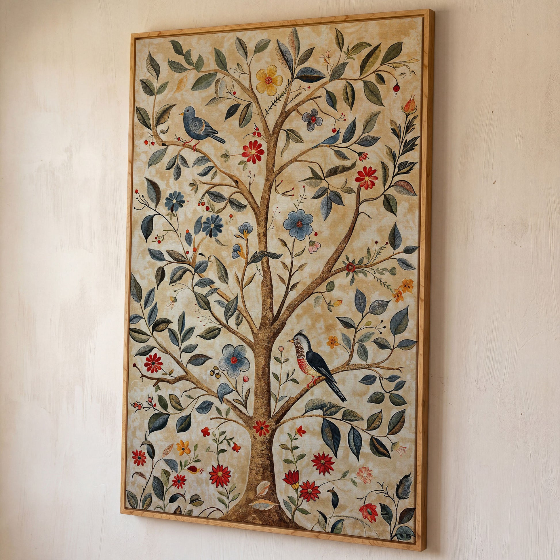 Floral Tree and Bird Canvas Print with Boho Flair shown in white oak floating frame
