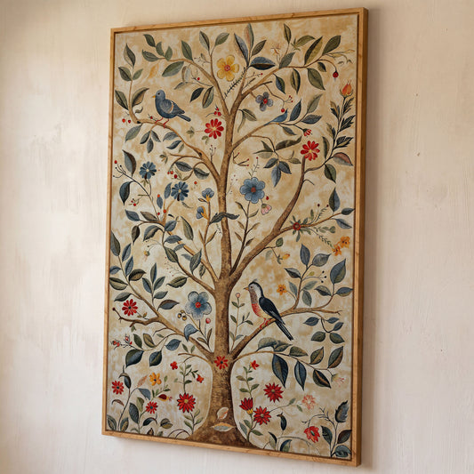 Floral Tree and Bird Canvas Print with Boho Flair shown in white oak floating frame