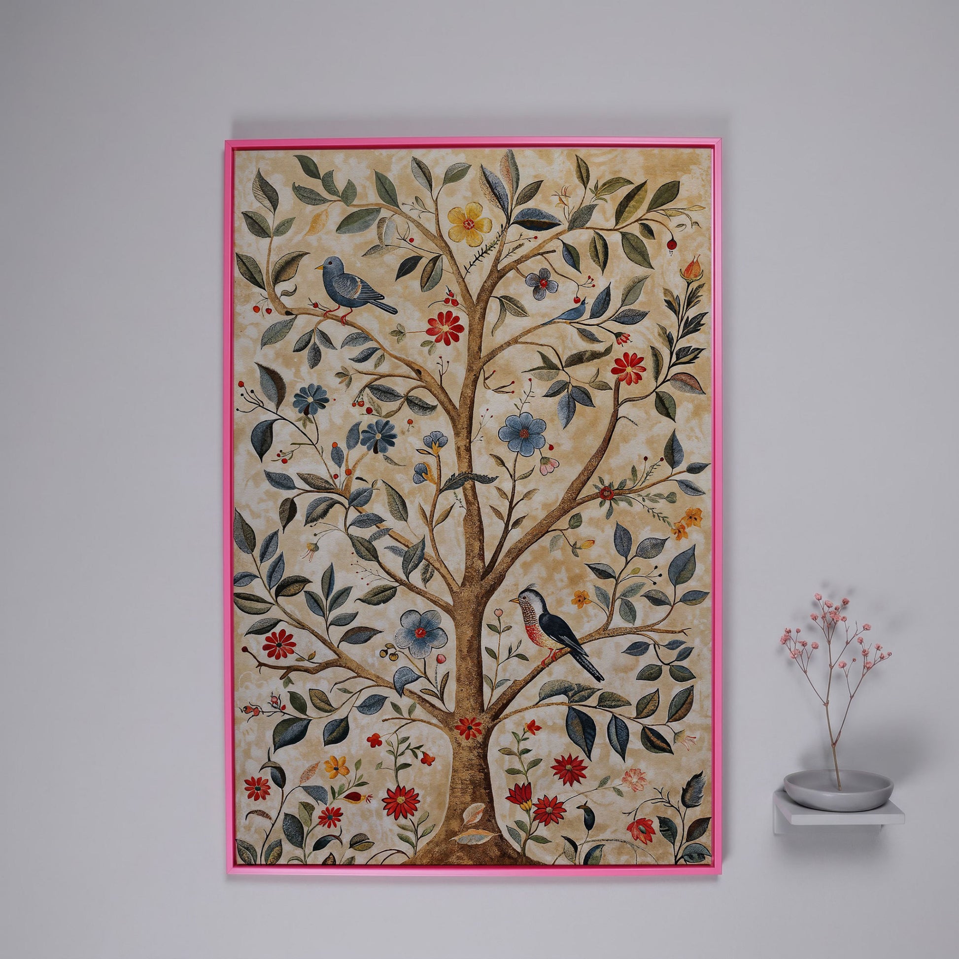 Floral Tree and Bird Canvas Print with Boho Flair in pink floating frame