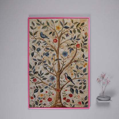 Floral Tree and Bird Canvas Print with Boho Flair in pink floating frame
