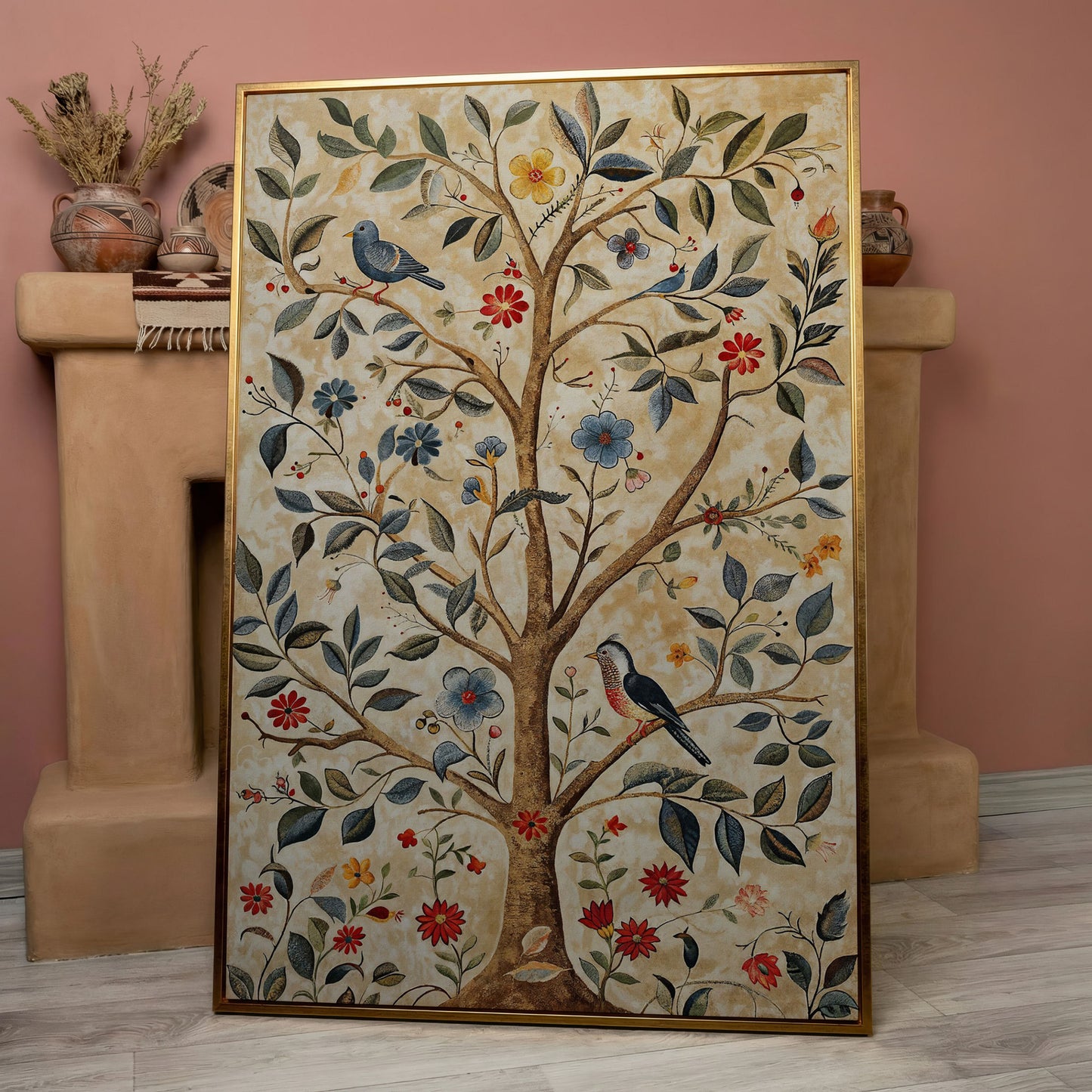Floral Tree and Bird Canvas Print with Boho Flair in rose gold floating frame
