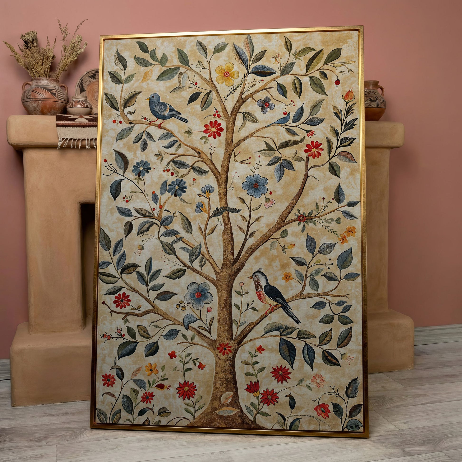 Floral Tree and Bird Canvas Print with Boho Flair in rose gold floating frame