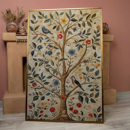 Floral Tree and Bird Canvas Print with Boho Flair in rose gold floating frame