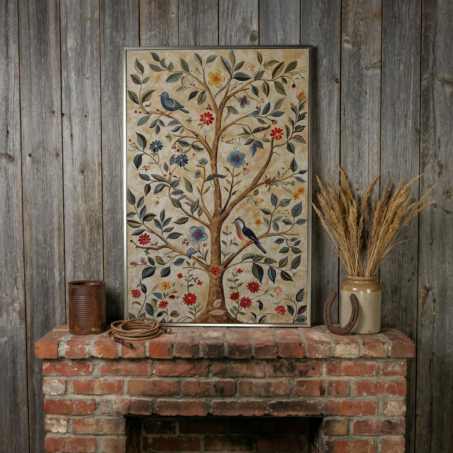 Floral Tree and Bird Canvas Print with Boho Flair in silver floating frame