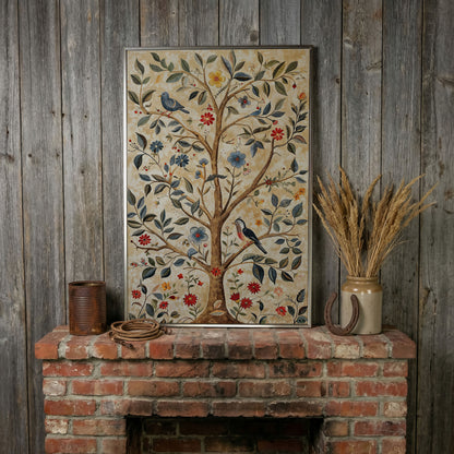 Floral Tree and Bird Canvas Print with Boho Flair in silver floating frame