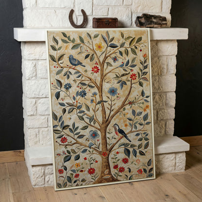 Floral Tree and Bird Canvas Print with Boho Flair in white floating frame
