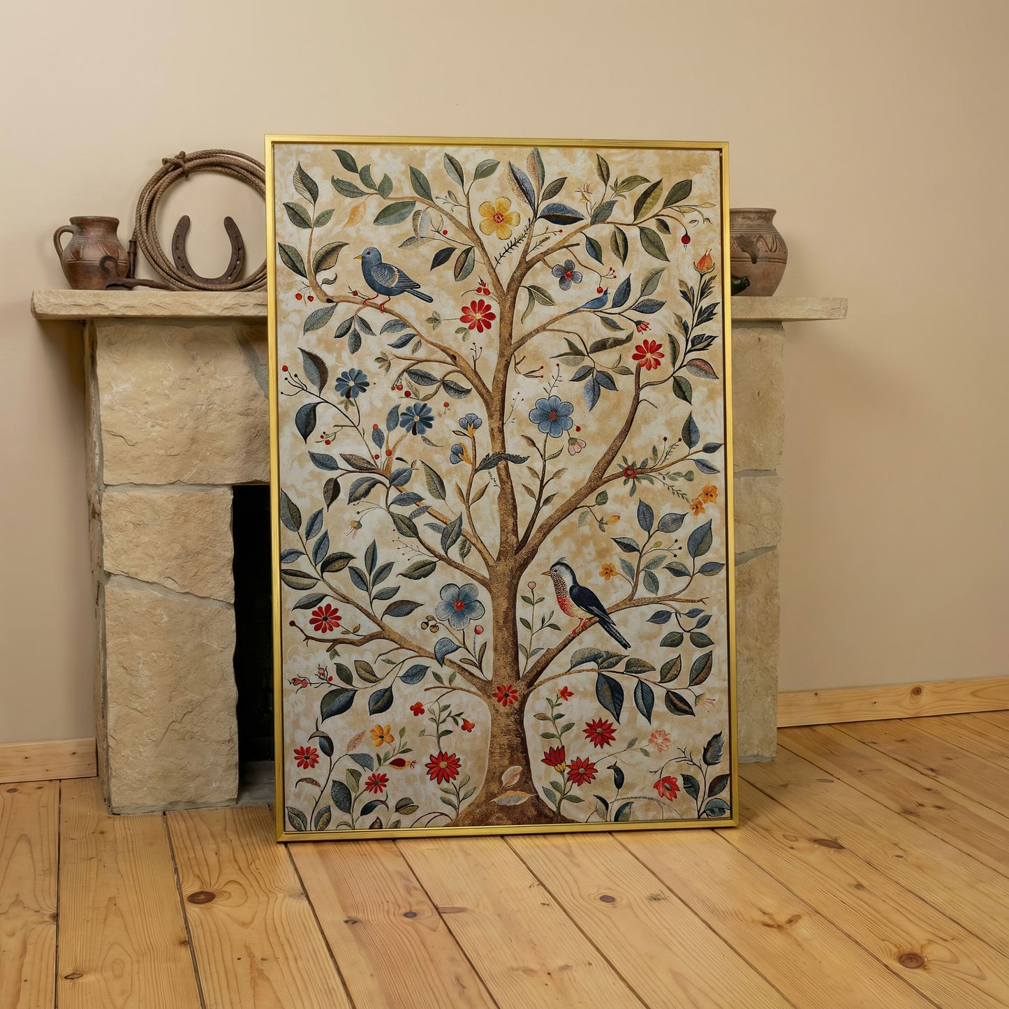 Floral Tree and Bird Canvas Print with Boho Flair in yellow gold floating frame