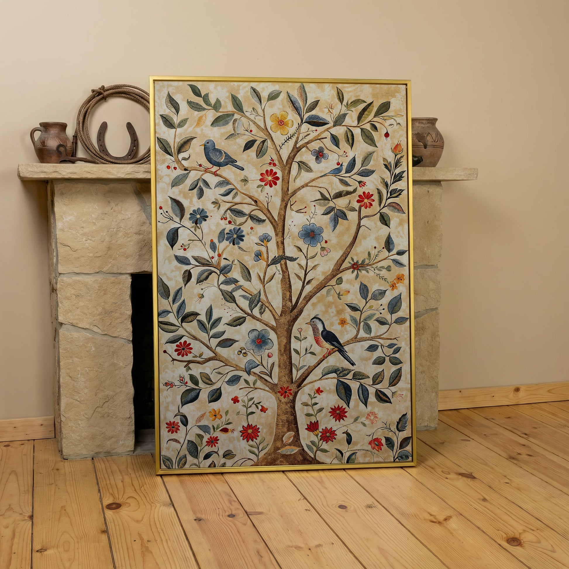Floral Tree and Bird Canvas Print with Boho Flair in yellow gold floating frame