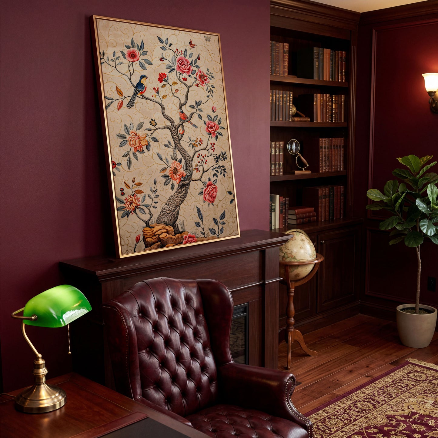 Bird on Blooming Branch Canvas in Dusty Rose in antique gold floating frame