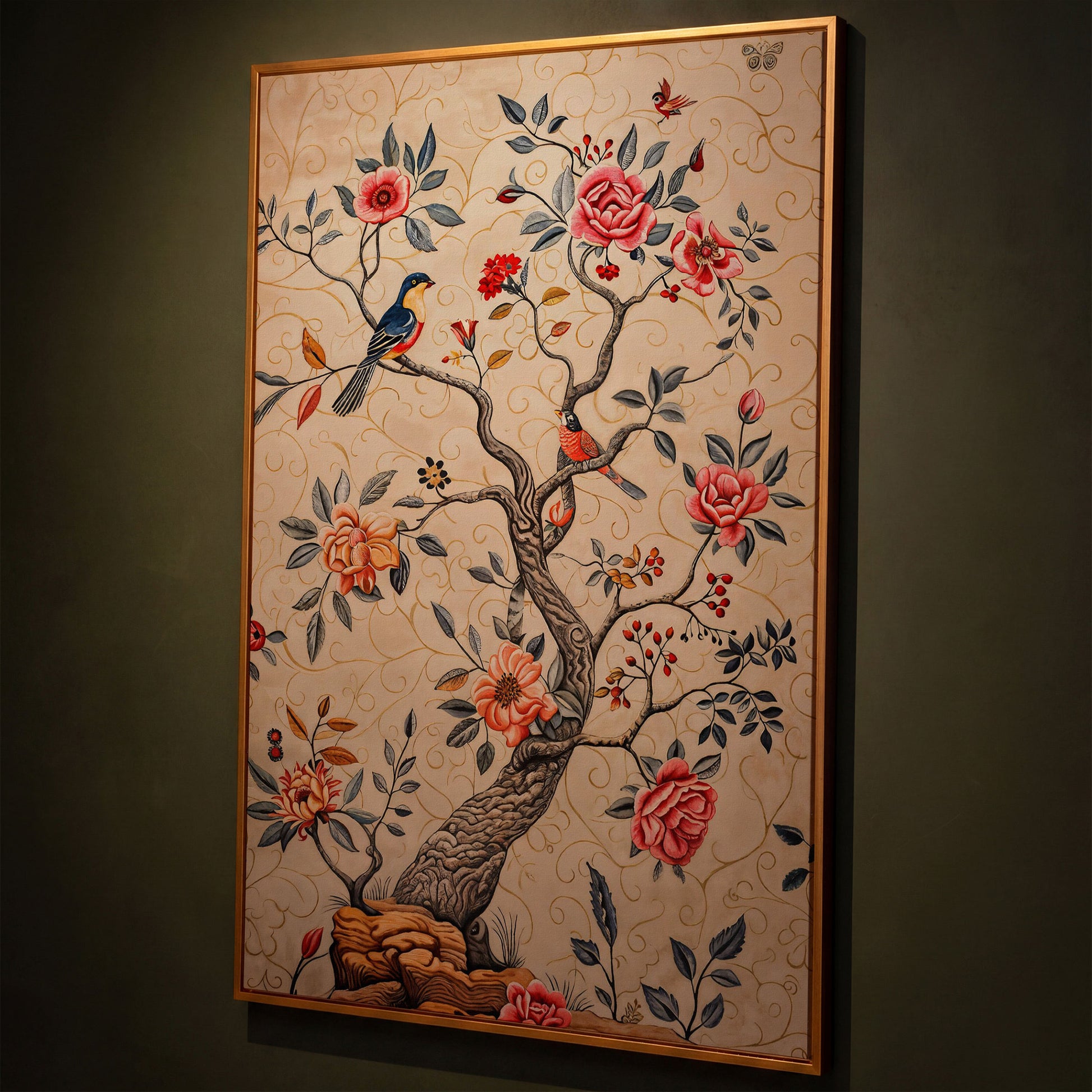 Bird on Blooming Branch Canvas in Dusty Rose shown in antique gold floating frame