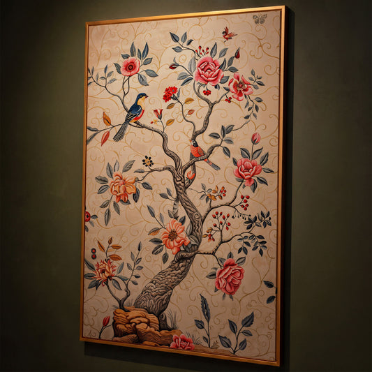 Bird on Blooming Branch Canvas in Dusty Rose shown in antique gold floating frame