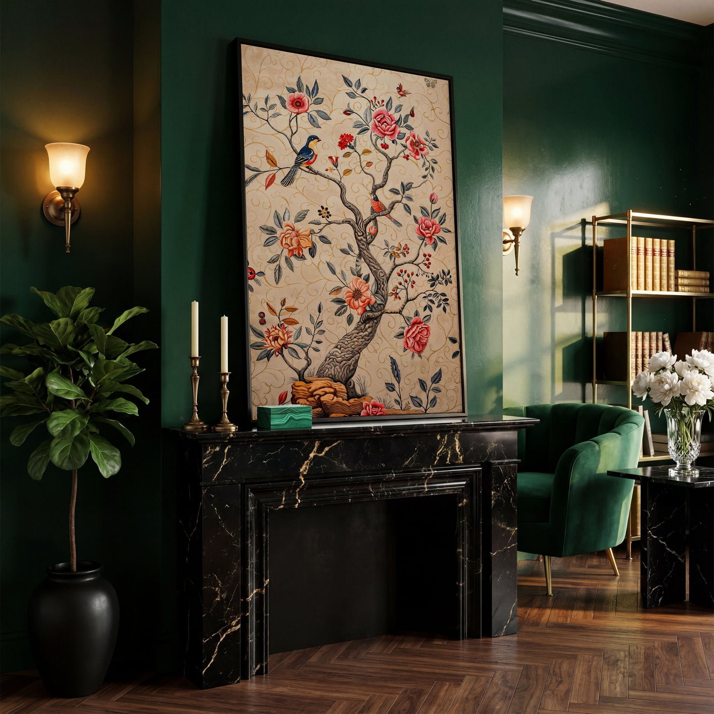 Bird on Blooming Branch Canvas in Dusty Rose in black floating frame