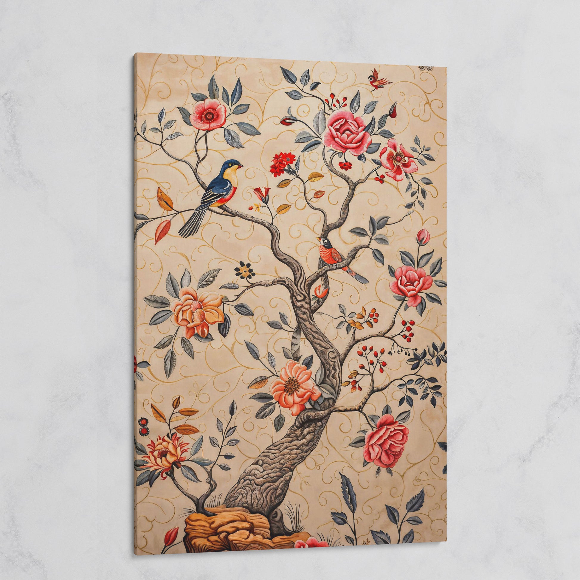 Bird on Blooming Branch Canvas in Dusty Rose on gallery wrap