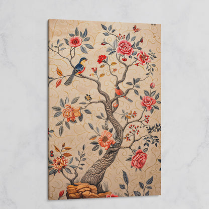 Bird on Blooming Branch Canvas in Dusty Rose on gallery wrap