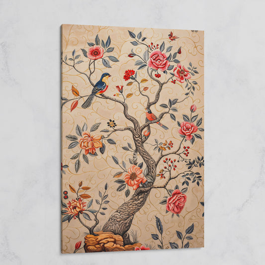 Bird on Blooming Branch Canvas in Dusty Rose on gallery wrap
