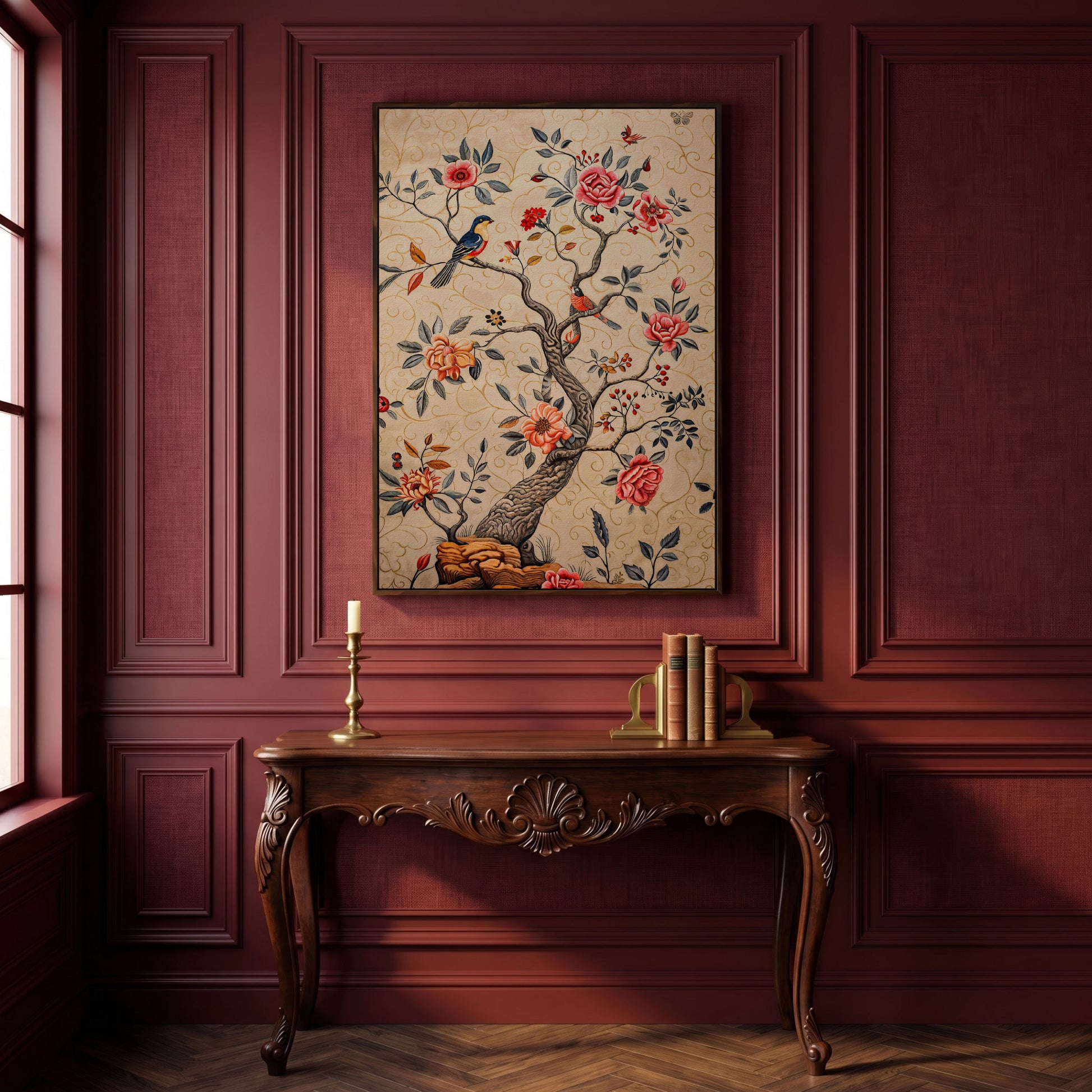 Bird on Blooming Branch Canvas in Dusty Rose in dark walnut floating frame