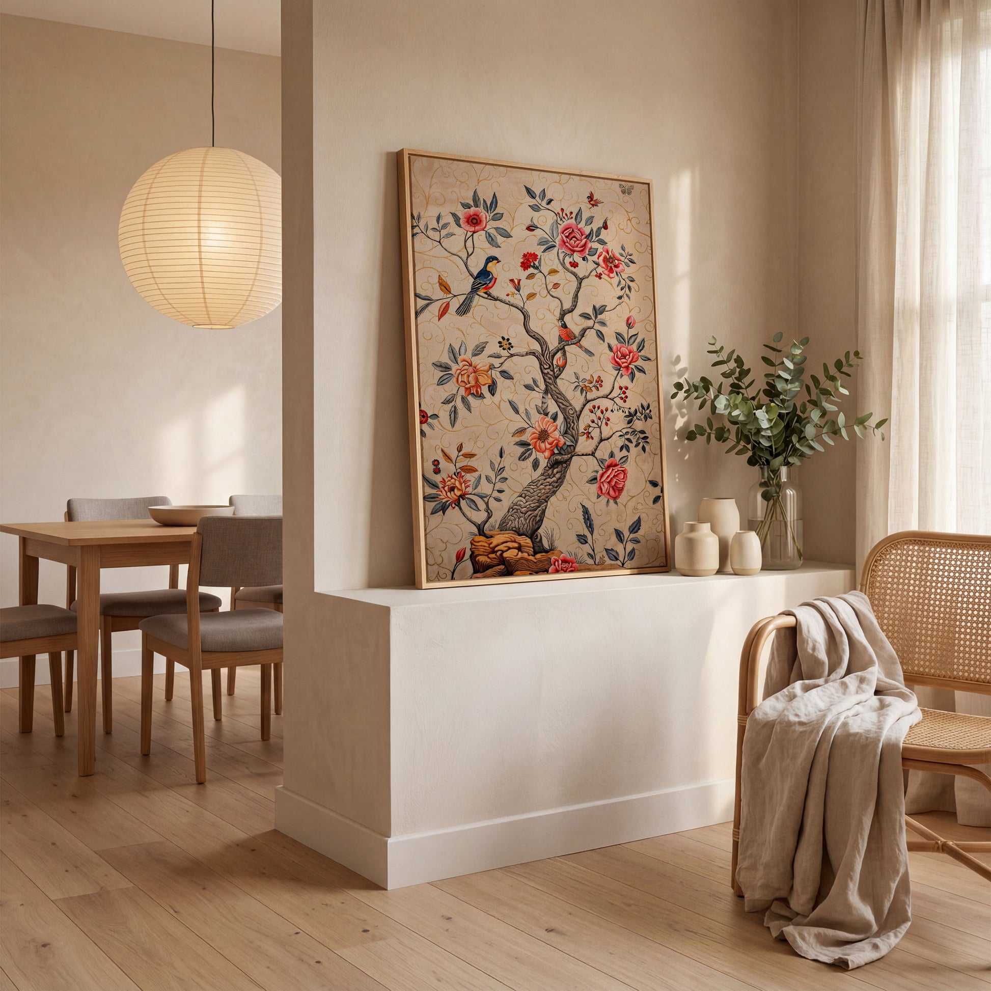 Bird on Blooming Branch Canvas in Dusty Rose in white oak floating frame