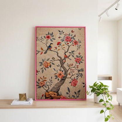 Bird on Blooming Branch Canvas in Dusty Rose in pink floating frame