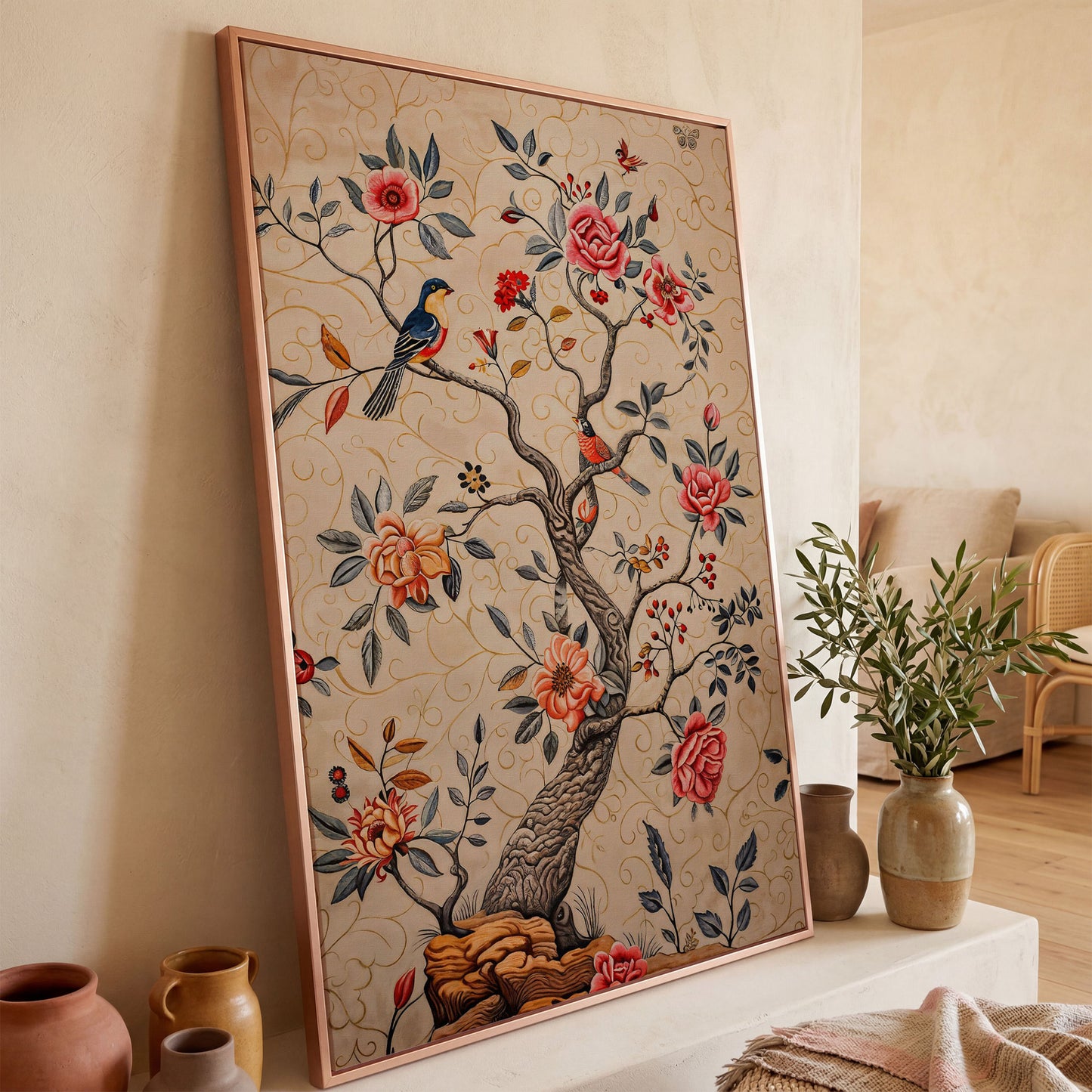 Bird on Blooming Branch Canvas in Dusty Rose in rose gold floating frame