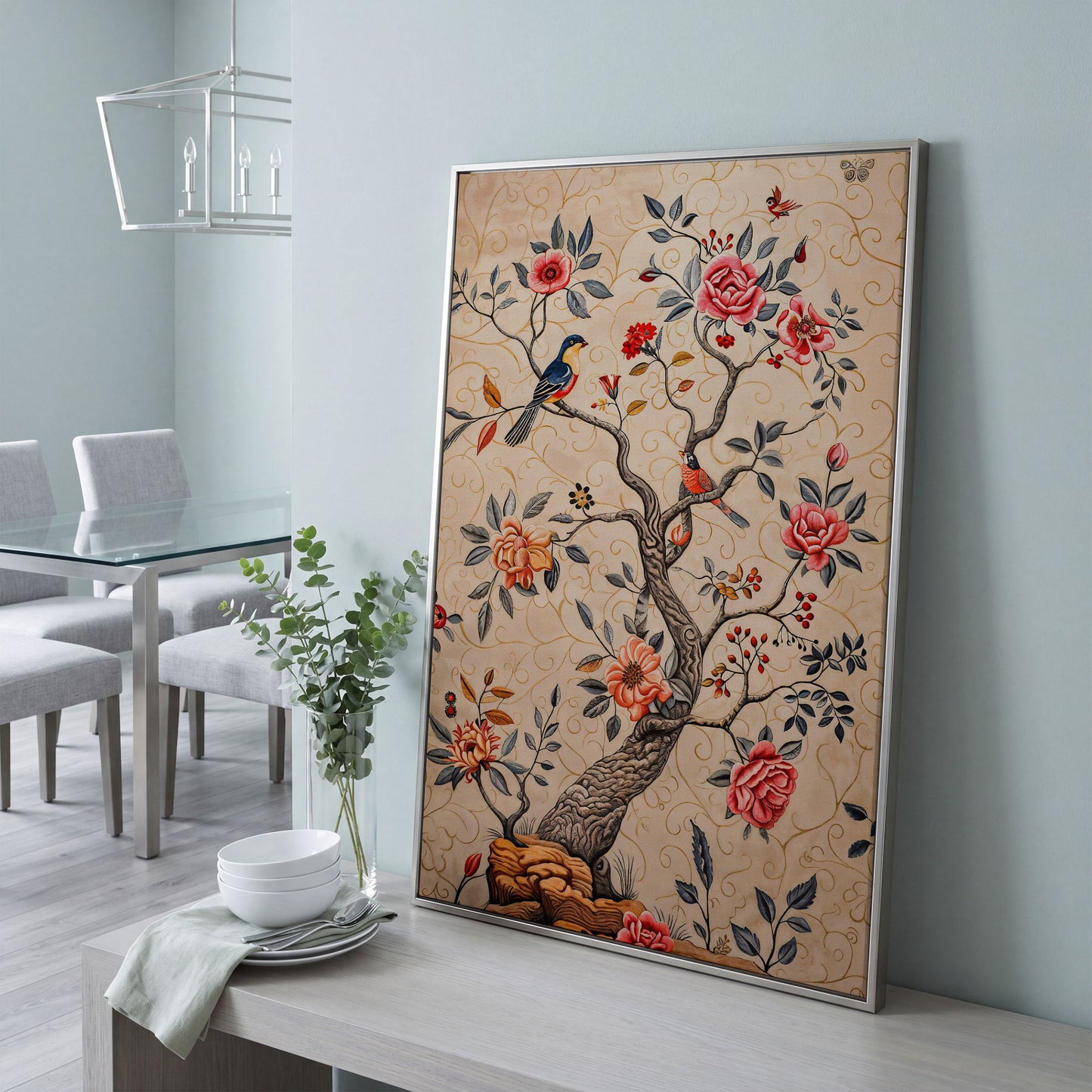 Bird on Blooming Branch Canvas in Dusty Rose in silver floating frame