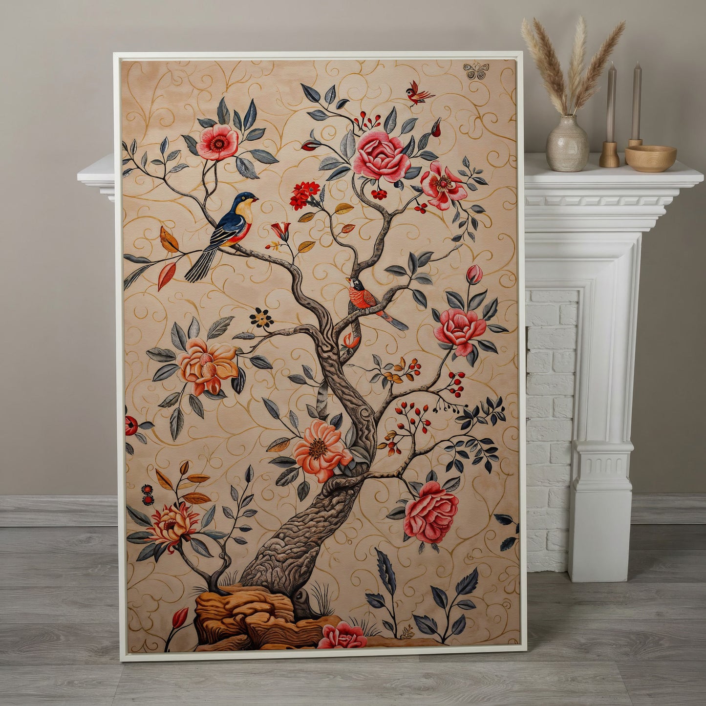 Bird on Blooming Branch Canvas in Dusty Rose in white floating frame