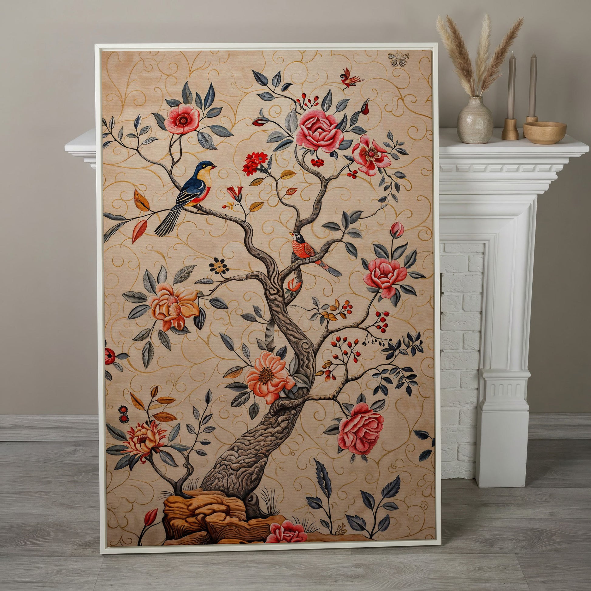 Bird on Blooming Branch Canvas in Dusty Rose in white floating frame