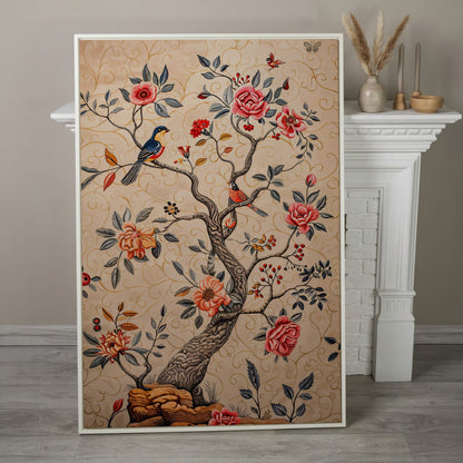 Bird on Blooming Branch Canvas in Dusty Rose in white floating frame