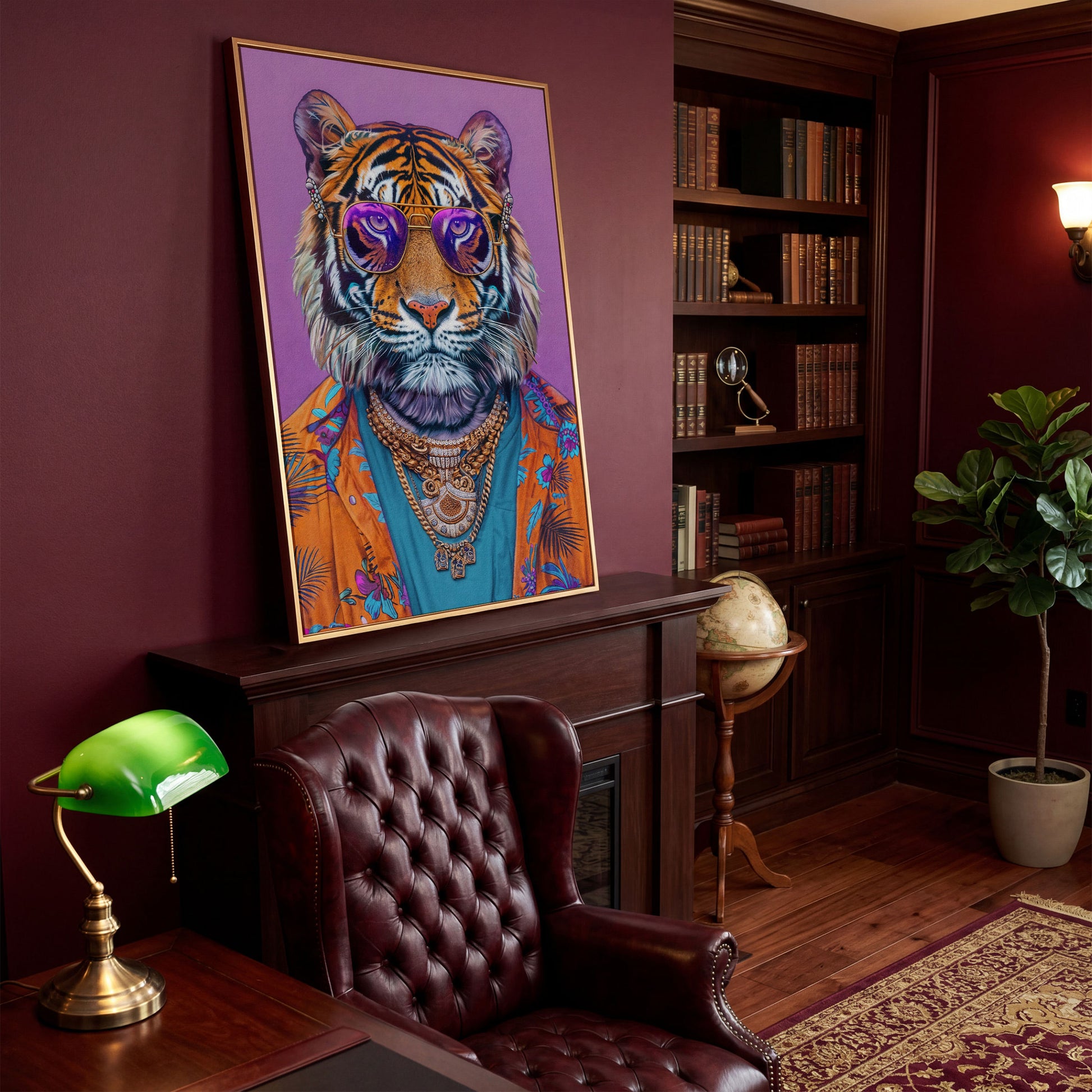 Funky Tiger in Glasses Canvas Print in antique gold floating frame