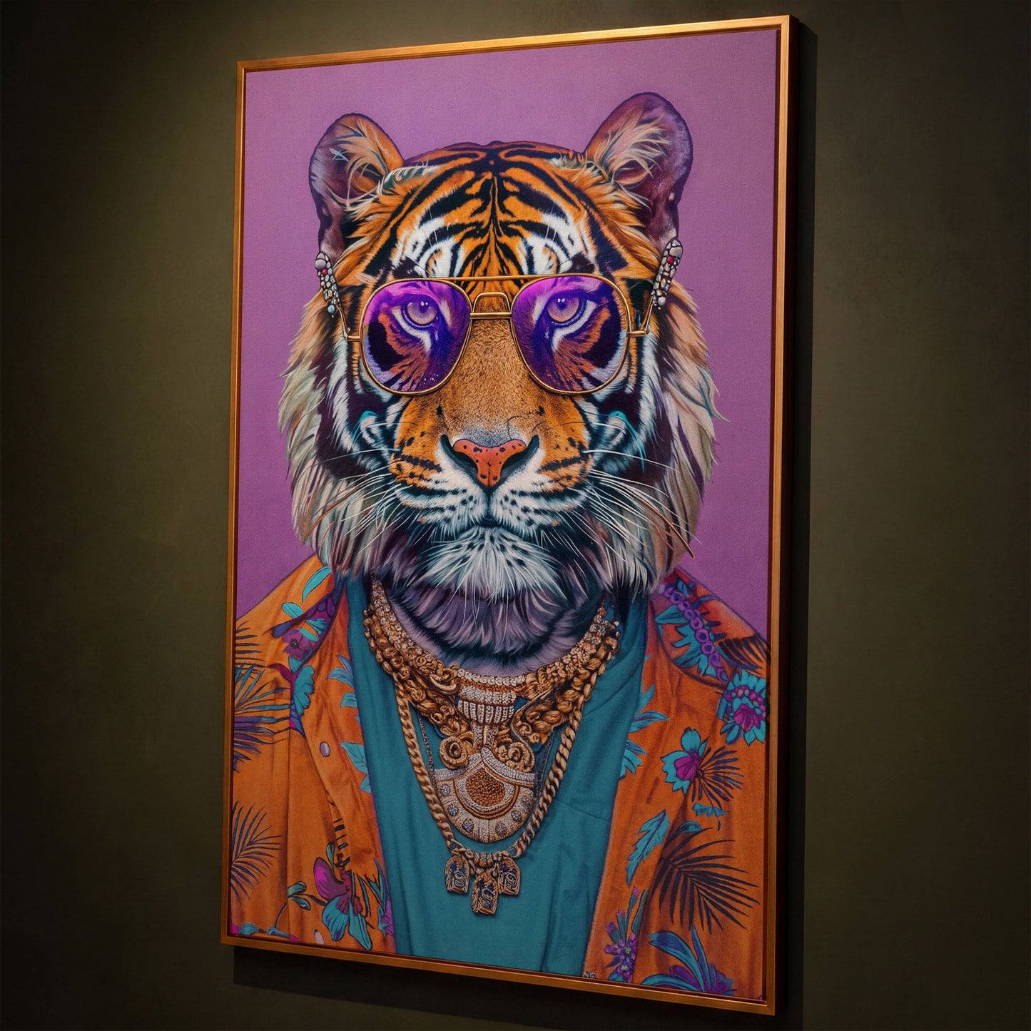 Funky Tiger in Glasses Canvas Print shown in antique gold floating frame