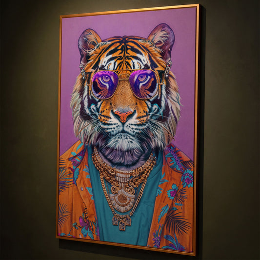 Funky Tiger in Glasses Canvas Print shown in antique gold floating frame