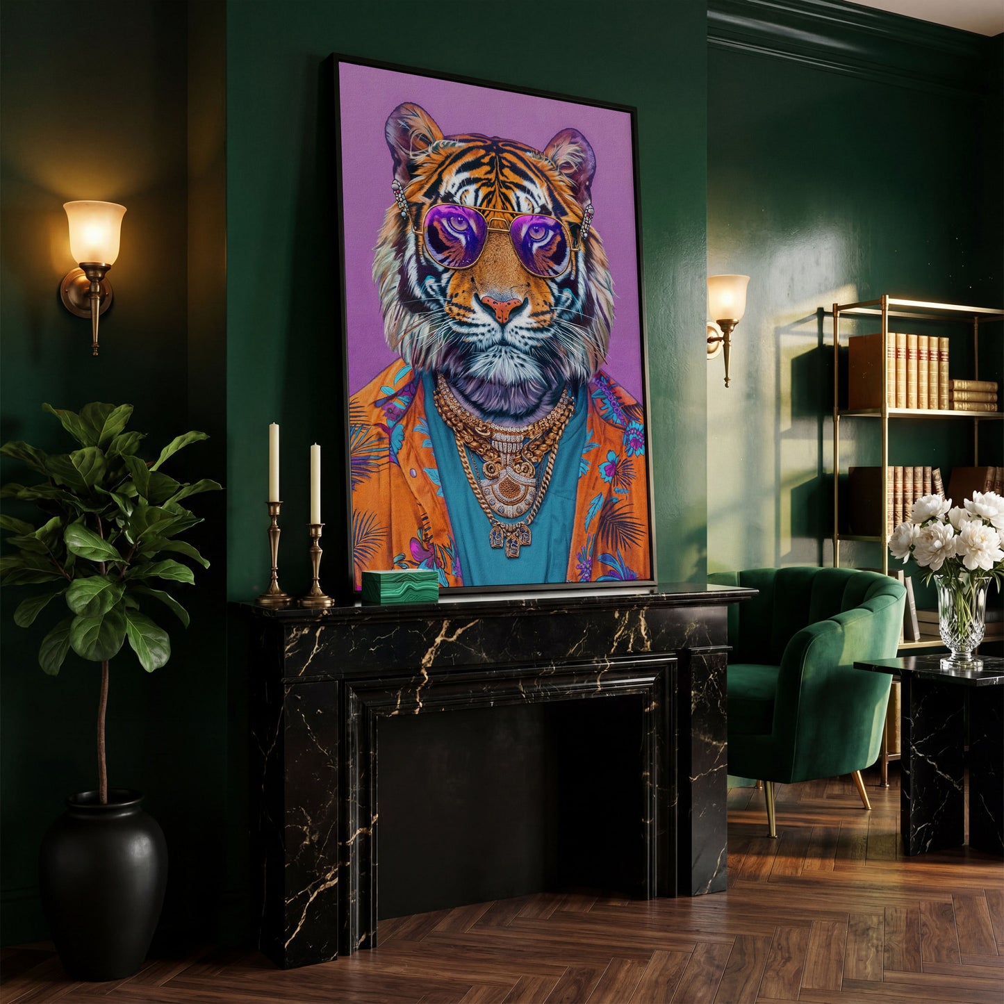 Funky Tiger in Glasses Canvas Print in black floating frame