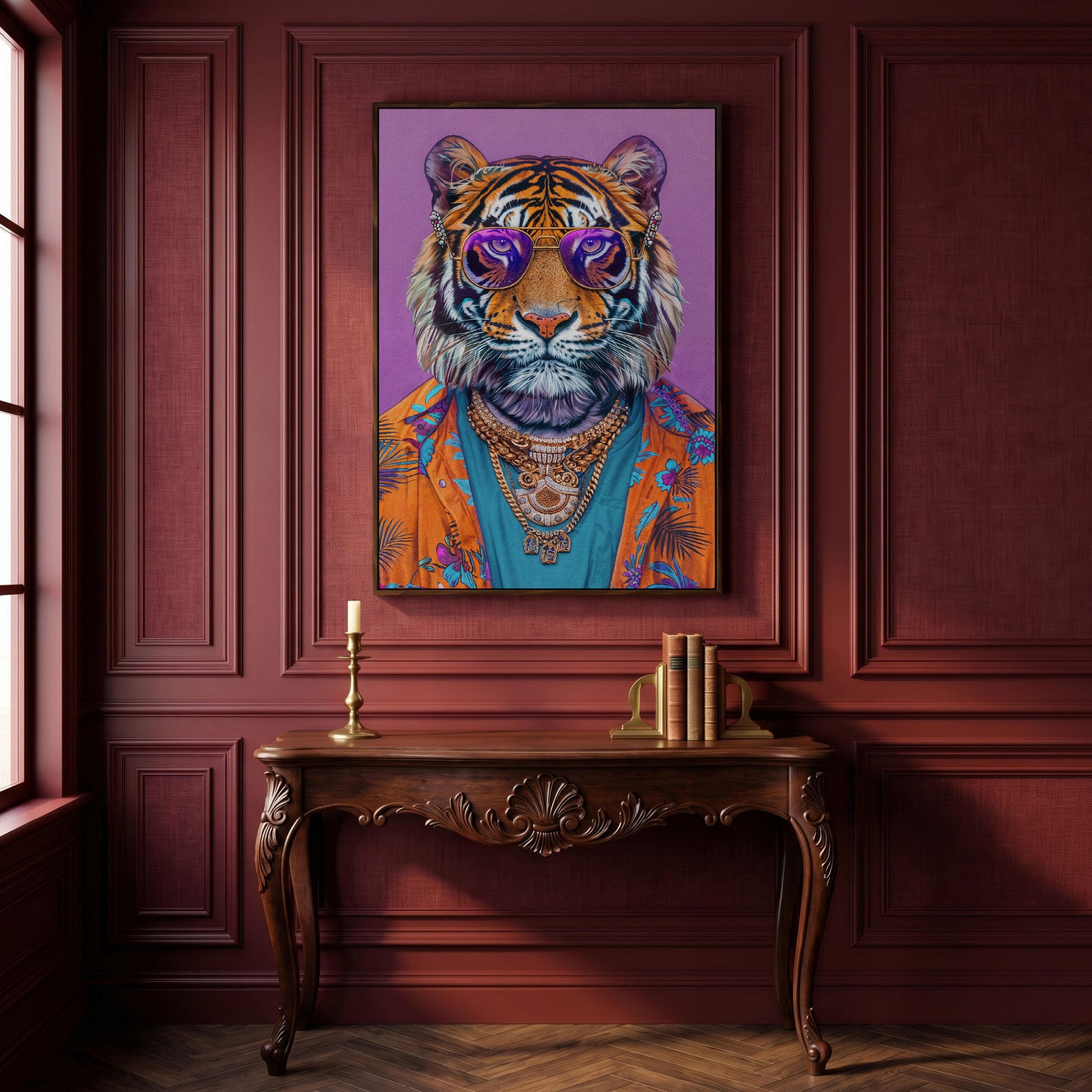 Funky Tiger in Glasses Canvas Print in dark walnut floating frame