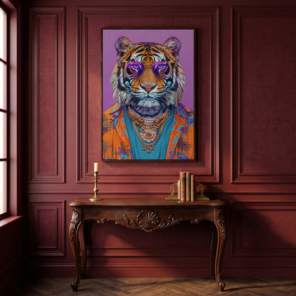 Funky Tiger in Glasses Canvas Print in dark walnut floating frame